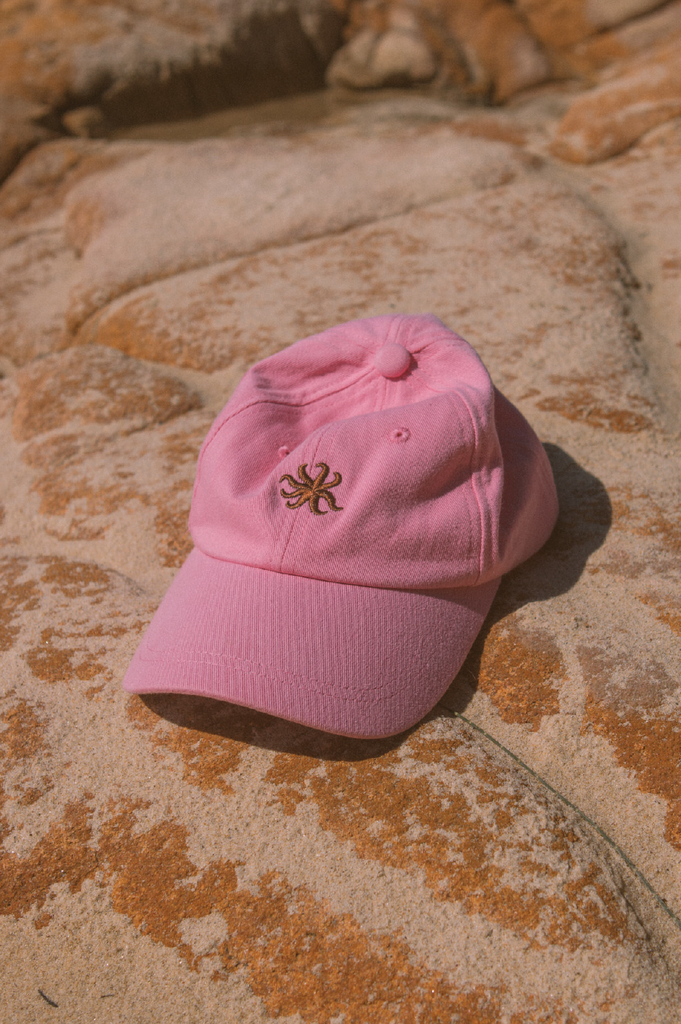 Pink cap with a logo on a textured stone surface