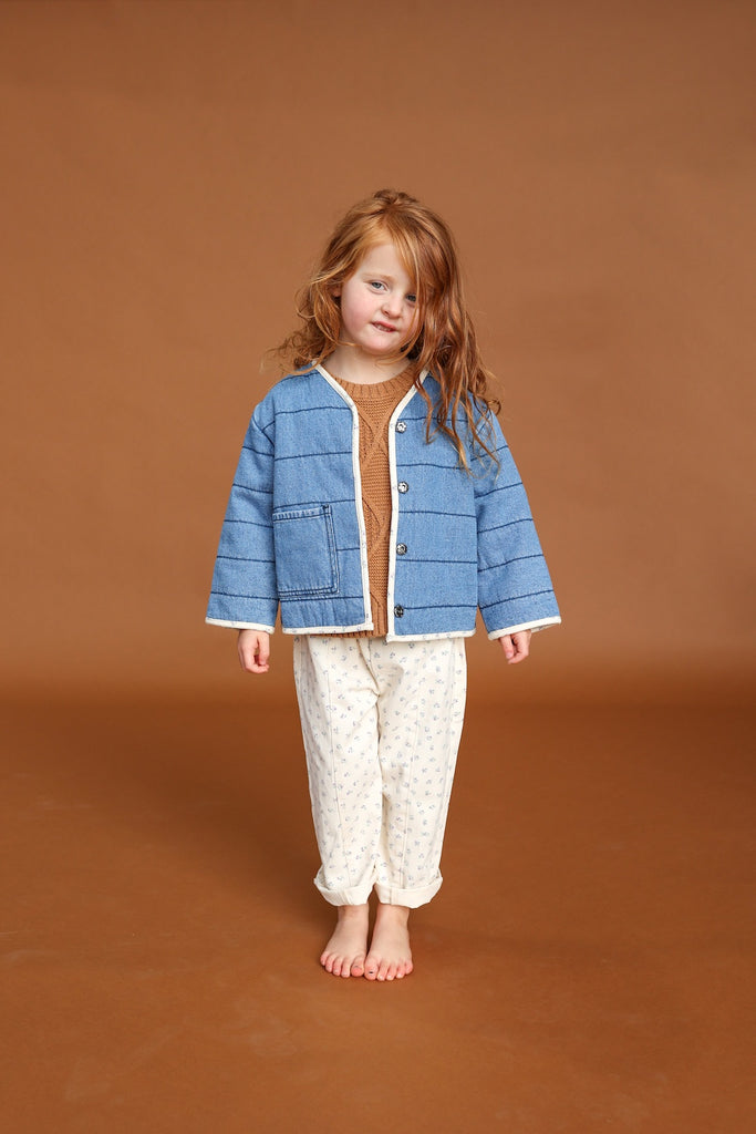 Organic cotton denim quilted jacket with reversible floral lining. designed for children