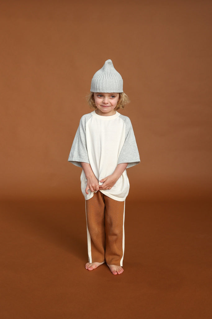 Gray knit beanie for kids made from organic cotton with knitted tee and brown knit pants